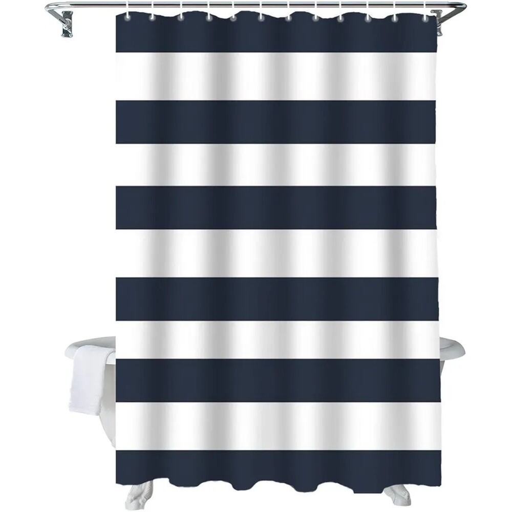 Nautical Stripe Design Navy & White Fabric Shower Curtain 70" x 72" Rings Inc.